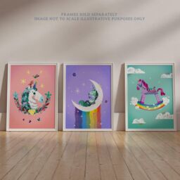 Wee Blue Coo Pack of 3 Kids Girl Bedroom Magical Unicorns & Rainbows Purple Pink Blue Unframed Wall Art Living Room Prints Set - thumbnail 6