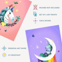 Wee Blue Coo Pack of 3 Kids Girl Bedroom Magical Unicorns & Rainbows Purple Pink Blue Unframed Wall Art Living Room Prints Set - thumbnail 4