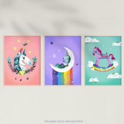 Wee Blue Coo Pack of 3 Kids Girl Bedroom Magical Unicorns & Rainbows Purple Pink Blue Unframed Wall Art Living Room Prints Set - thumbnail 5
