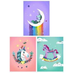 Wee Blue Coo Pack of 3 Kids Girl Bedroom Magical Unicorns & Rainbows Purple Pink Blue Unframed Wall Art Living Room Prints Set - thumbnail 1
