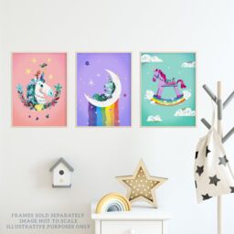 Wee Blue Coo Pack of 3 Kids Girl Bedroom Magical Unicorns & Rainbows Purple Pink Blue Unframed Wall Art Living Room Prints Set - thumbnail 3