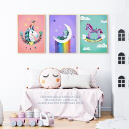 Wee Blue Coo Pack of 3 Kids Girl Bedroom Magical Unicorns & Rainbows Purple Pink Blue Unframed Wall Art Living Room Prints Set - thumbnail 2