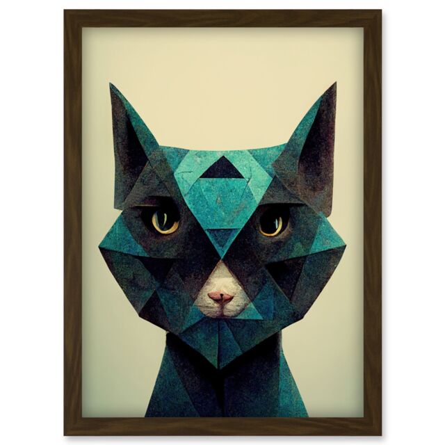 Artery8 Fun Geometric Teal Cat Artwork Framed Wall Art Print A4 in Brown - image 1