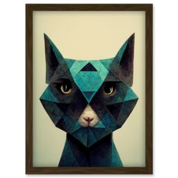 Artery8 Fun Geometric Teal Cat Artwork Framed Wall Art Print A4 in Brown - thumbnail 1