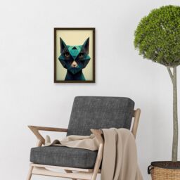 Artery8 Fun Geometric Teal Cat Artwork Framed Wall Art Print A4 in Brown - thumbnail 2