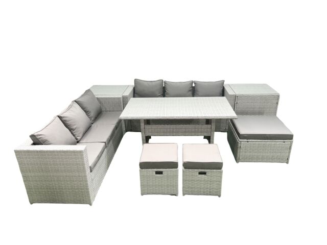 Fimous Rattan Garden Furniture Set 9 Seater Outdoor Sofa Set with Dining Table 2 Side Tables 3 Footstools Light Grey Mixed - image 1