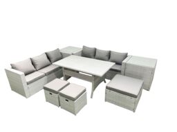 Fimous Rattan Garden Furniture Set 9 Seater Outdoor Sofa Set with Dining Table 2 Side Tables 3 Footstools Light Grey Mixed - thumbnail 2