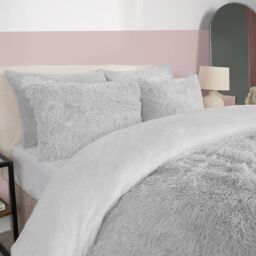 OHS Teddy Duvet Cover Set Bedding Soft Fleece Faux Fur Shaggy in Silver - Size: Double - thumbnail 3