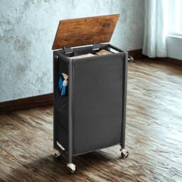 FURNOS Industrial Laundry Basket Trolley With Shelf & Wheels in Black