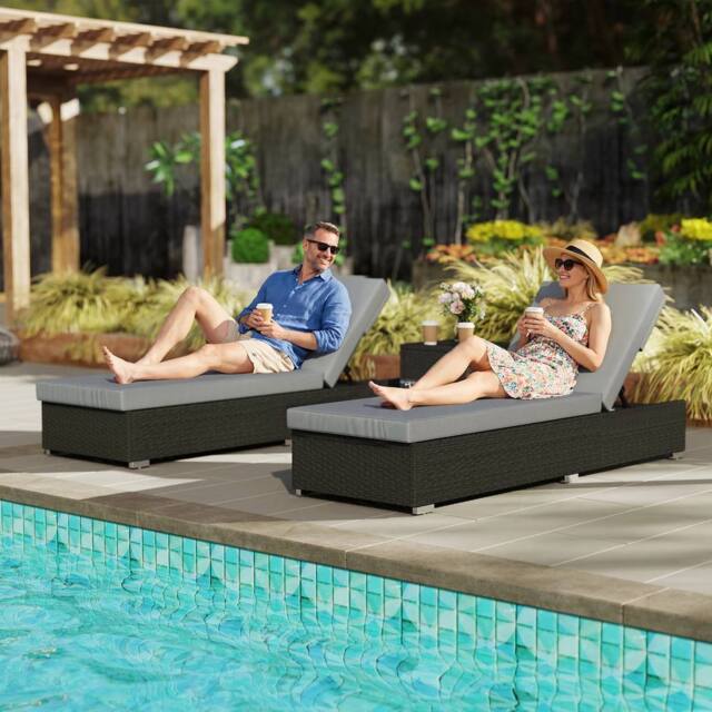 OUTSUNNY Rattan Sun Loungers Set of 2 with Side Table, Dark Grey - Size: 180 cm x 60 cm