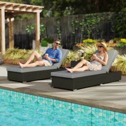 OUTSUNNY Rattan Sun Loungers Set of 2 with Side Table, Dark Grey - Size: 180 cm x 60 cm - thumbnail 1