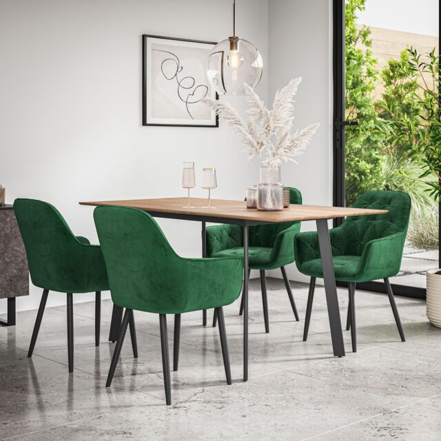 More4Homes Haydon Extending Dining Table & Chairs - Oak Effect Table Top w Black Legs + Anika Velvet Dining Chair Set Of 4 in Green - image 1