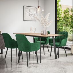 More4Homes Haydon Extending Dining Table & Chairs - Oak Effect Table Top w Black Legs + Anika Velvet Dining Chair Set Of 4 in Green