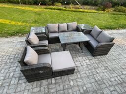 Fimous 8 Seater High Back PE Rattan Sofa Set Outdoor Garden Furniture Dining Table Set With Reclining Chair 3 Seater Sofa in Dark Grey - thumbnail 2