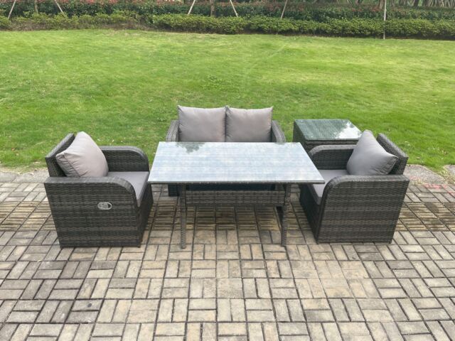 Fimous Outdoor Rattan Garden Furniture Lounge Sofa Set With Oblong Rectangular Dining Table 2 PC Reclining Chair in Dark Grey - image 1