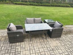 Fimous Outdoor Rattan Garden Furniture Lounge Sofa Set With Oblong Rectangular Dining Table 2 PC Reclining Chair in Dark Grey - thumbnail 2