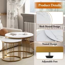 Huhote Metal Frame Marble Finish Top Round Nesting Side End Table 2 Set Coffee Table in Gold - thumbnail 5