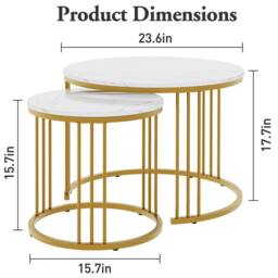 Huhote Metal Frame Marble Finish Top Round Nesting Side End Table 2 Set Coffee Table in Gold - thumbnail 3