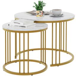 Huhote Metal Frame Marble Finish Top Round Nesting Side End Table 2 Set Coffee Table in Gold - thumbnail 2