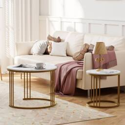 Huhote Metal Frame Marble Finish Top Round Nesting Side End Table 2 Set Coffee Table in Gold