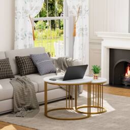 Huhote Metal Frame Marble Finish Top Round Nesting Side End Table 2 Set Coffee Table in Gold - thumbnail 4