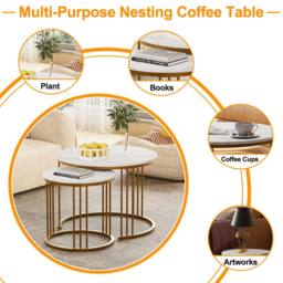 Huhote Metal Frame Marble Finish Top Round Nesting Side End Table 2 Set Coffee Table in Gold - thumbnail 6