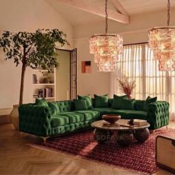 Sofaya Monaco Chesterfield 6 Seater Sofa Velvet Right Hand Corner Chaise in Green - Size: 6 Person