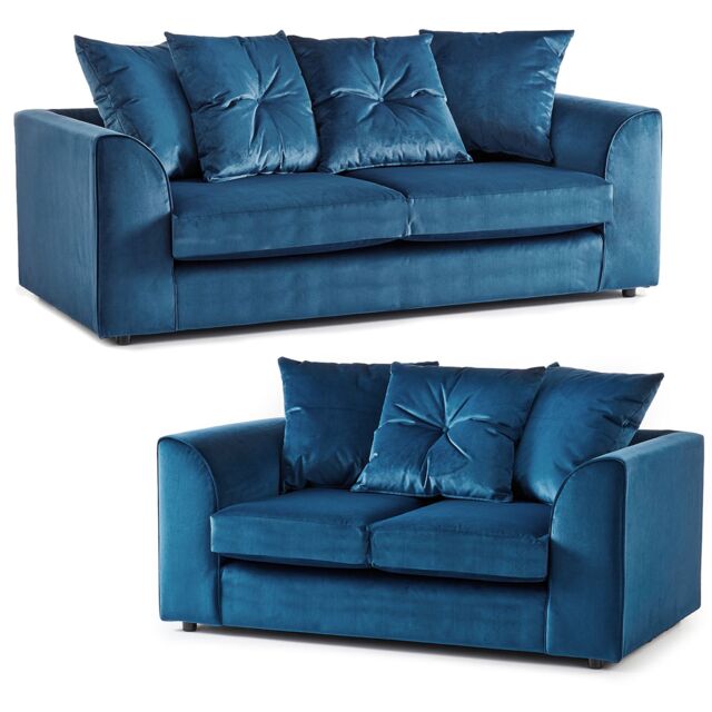 Furnishings For Less UK Fernando Soft Plush Velvet Fabric Sofa Set 3 & 2 Seater Sofa - Scatter Back in Blue - image 1