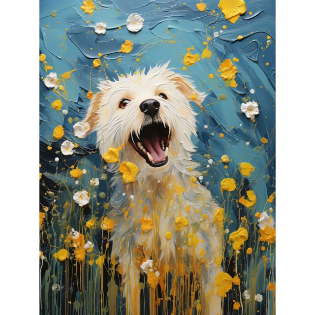 "Artery8 Wall Art Print Chasing the Flowers White Terrier in Spring Meadow Thick Paint Oil Painting Blooms Coton de Tulear Poster - Size: W12"" x H16""" - image 1