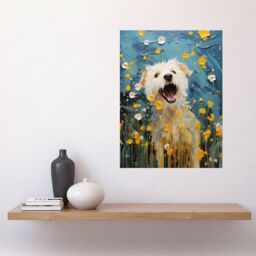 "Artery8 Wall Art Print Chasing the Flowers White Terrier in Spring Meadow Thick Paint Oil Painting Blooms Coton de Tulear Poster - Size: W12"" x H16""" - thumbnail 2