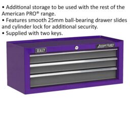 Loops 605 x 260 x 250mm PURPLE 3 Drawer MID-BOX Tool Chest Lockable Storage Cabinet - thumbnail 2