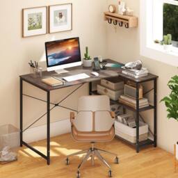 Costway L-shaped Computer Desk w/Power Outlet Workstation w/Reversible Shelves in Grey - thumbnail 3