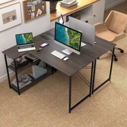 Costway L-shaped Computer Desk w/Power Outlet Workstation w/Reversible Shelves in Grey - thumbnail 8