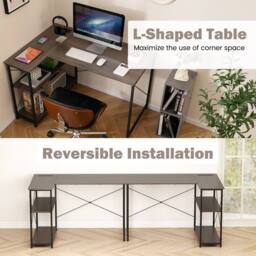 Costway L-shaped Computer Desk w/Power Outlet Workstation w/Reversible Shelves in Grey - thumbnail 6