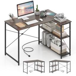 Costway L-shaped Computer Desk w/Power Outlet Workstation w/Reversible Shelves in Grey