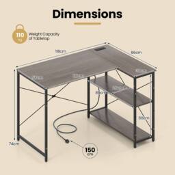 Costway L-shaped Computer Desk w/Power Outlet Workstation w/Reversible Shelves in Grey - thumbnail 4
