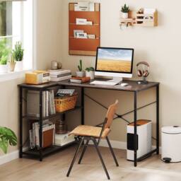 Costway L-shaped Computer Desk w/Power Outlet Workstation w/Reversible Shelves in Grey - thumbnail 2