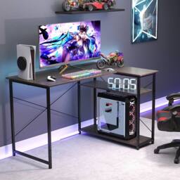 Costway L-shaped Computer Desk w/Power Outlet Workstation w/Reversible Shelves in Grey - thumbnail 7