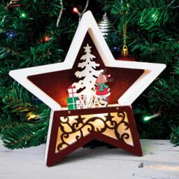 mysmartbuy Wooden Light Up Christmas Star Festive Scene Ornament - Reindeer & Tree Carving Home Xmas LED Decoration - H19 x W19 x D3.5cm