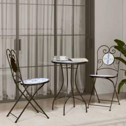 Berkfield Home Mosaic Bistro Set Blue & White Iron & Ceramic - thumbnail 2