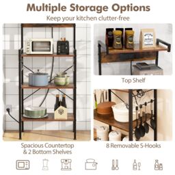 Gymax Bakers Rack 4-Tier Microwave Stand Kitchen Organizer With Power Outlet in Brown - thumbnail 2