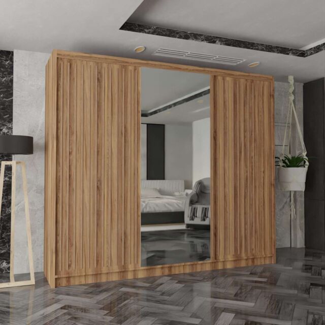 MN Furniture Reno 3 Sliding Door Wardrobe with Mirror & LED Light Oak 250x217cm - Size: 250x217 cm - image 1