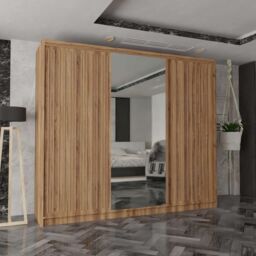 MN Furniture Reno 3 Sliding Door Wardrobe with Mirror & LED Light Oak 250x217cm - Size: 250x217 cm - thumbnail 1