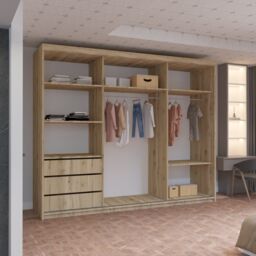 MN Furniture Reno 3 Sliding Door Wardrobe with Mirror & LED Light Oak 250x217cm - Size: 250x217 cm - thumbnail 3