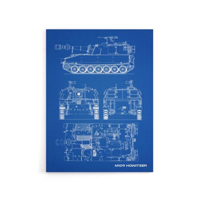 "Artery8 M109 Howitzer Artillery US Military Blueprint Canvas Wall Art Print in Blue - Size: W18"" x H24""" - image 1