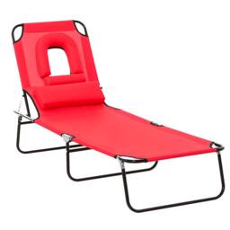 OUTSUNNY Folding Sun Lounger Reclining Chair w/ Pillow Reading Hole in Red - thumbnail 2