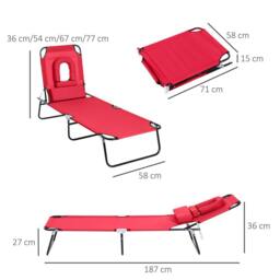 OUTSUNNY Folding Sun Lounger Reclining Chair w/ Pillow Reading Hole in Red - thumbnail 3