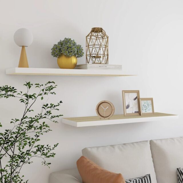 Berkfield Home Floating Wall Shelves 2 pcs Oak & White 90x23.5x3.8 cm MDF in Brown - image 1