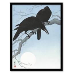 "Artery8 Two Crows On A Tree Branch Vintage Japan Framed Wall Art Print Koson in Blue - Size: W12"" x H16""" - thumbnail 1