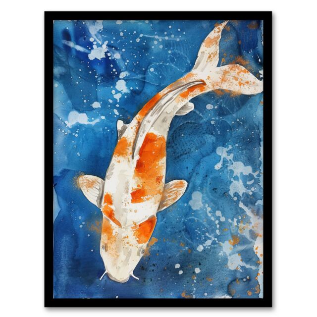 Artery8 Japanese Koi Carp Fish in Pond Watercolour Splat Framed Art Print in Orange - Size: A4 - image 1